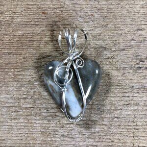 Silver Wrapped Jasper Heart Wishing Stone Necklace Pendant
